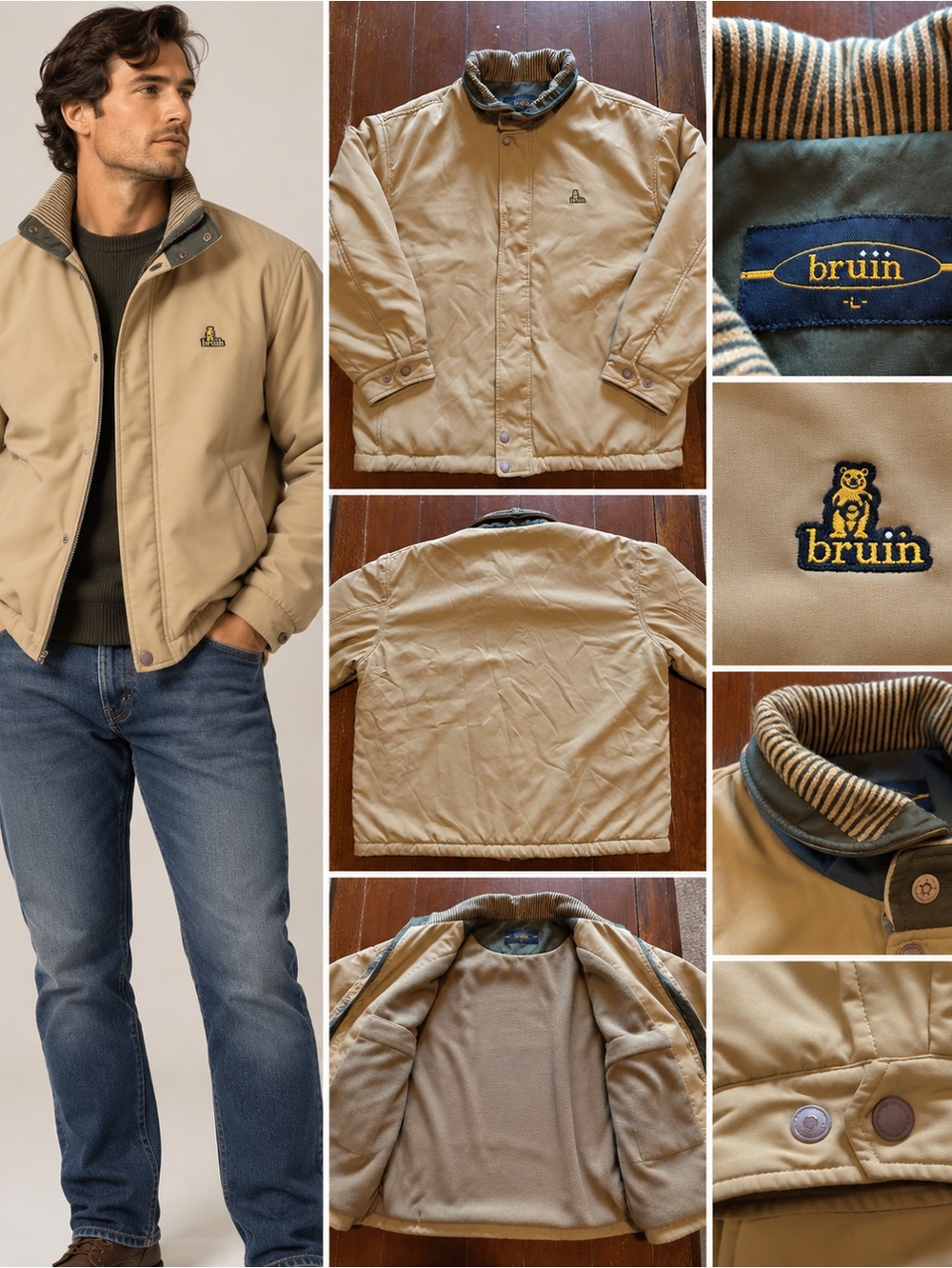 Bruin Men’s L Tan Olive Fleece Lined Retro Outdoor Jacket Bear Logo